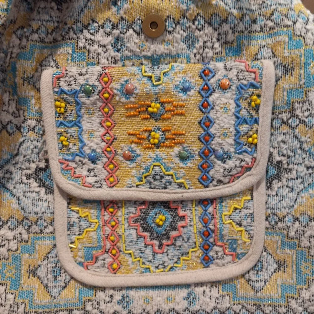 Boho Chic Backpack - Ethnic Inspired Pattern - Hand Beaded Accents - Fine Cotton